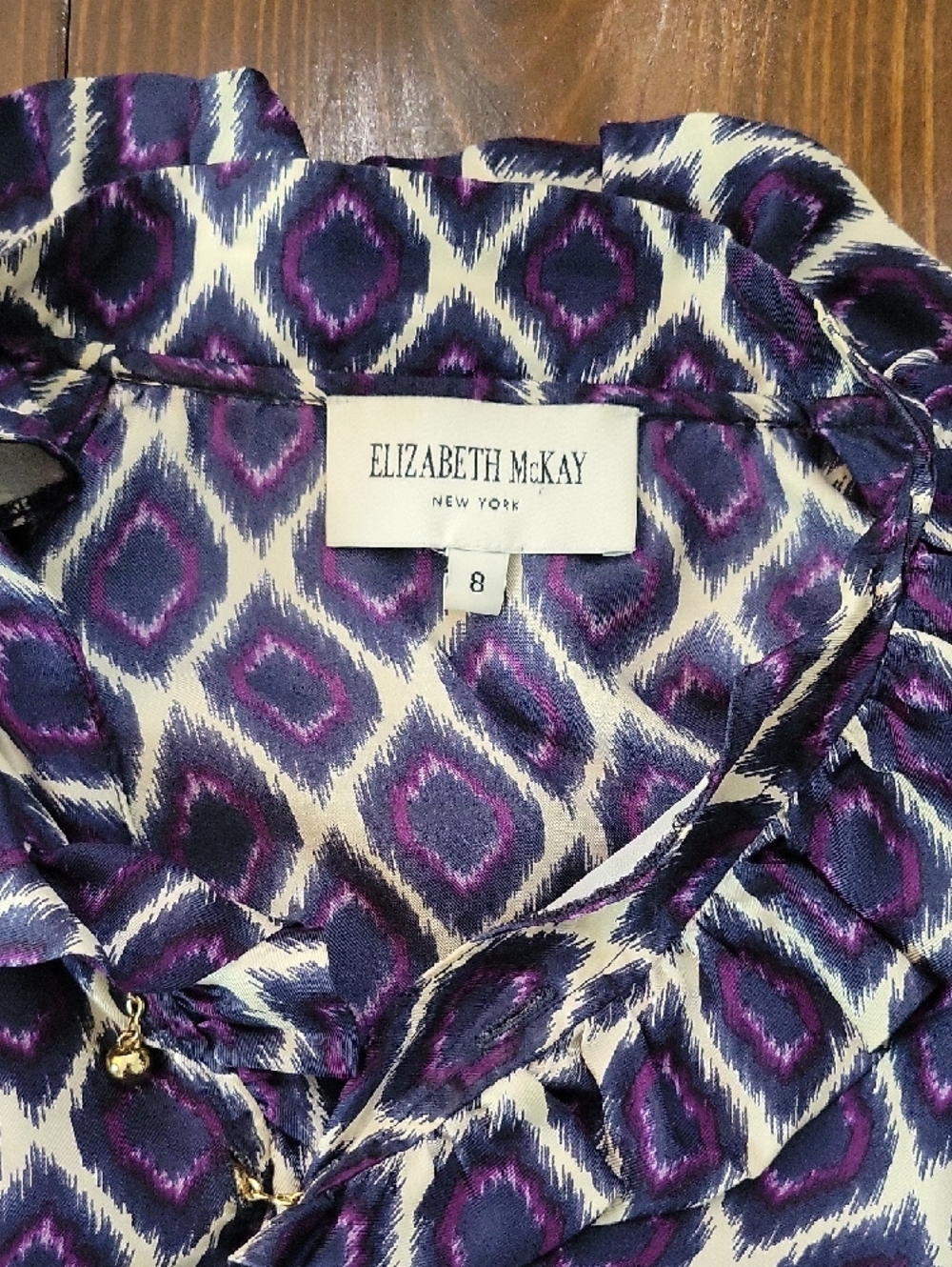 Elizabeth McKay Navy & Purple lkat Ruffle Collar Silk Blouse Sz 8, Quiet Luxury - Picture 2 of 11